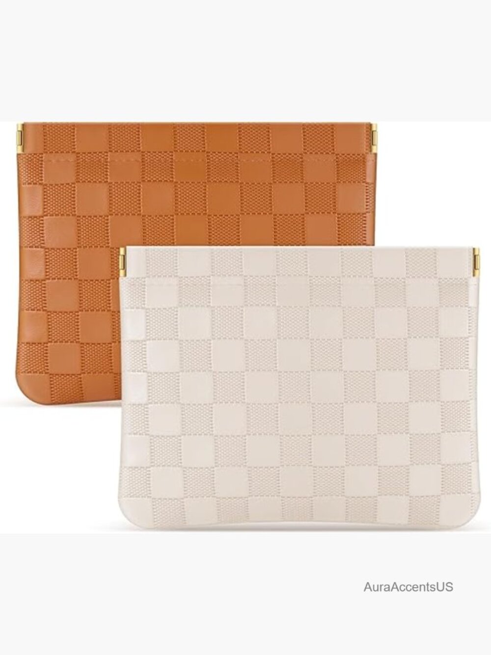 2PCS Portable Cosmetic Bag Set Checkered Leather Travel Makeup Organizer